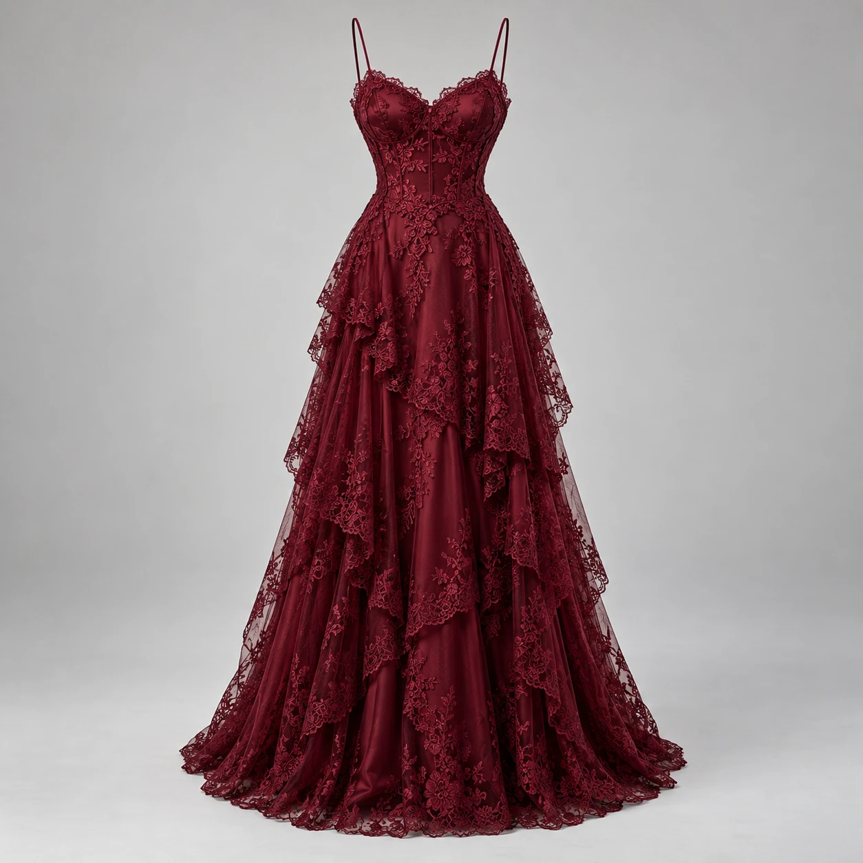 Burgundy Garnet Veil Lace Maxi Dress