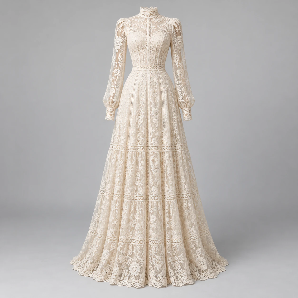 Bone Ivory Pale Cathedral Lace Maxi Dress